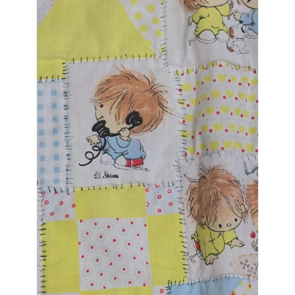 Vintage Lil Shavers Patchwork Baby‎ Quilt Child Yellow Little 1970 Mop Top Hair